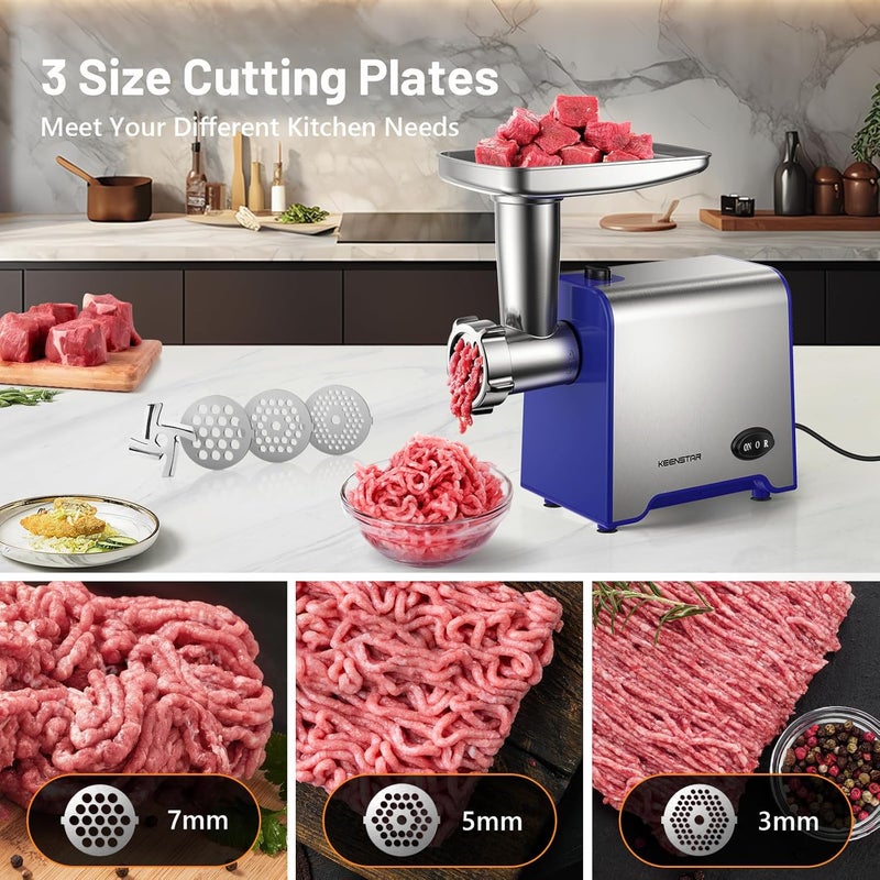 KEENSTAR Electric Meat Grinder, Sausage Stuffer Maker 450W(3000W Max) Food Grinder with Blade & 3 Plates, Sausage Stuffer Tubes & Kubbe Kit, Stainless Steel Heavy Duty Meat Mincer Machine for Home Kitchen Use - Image 2
